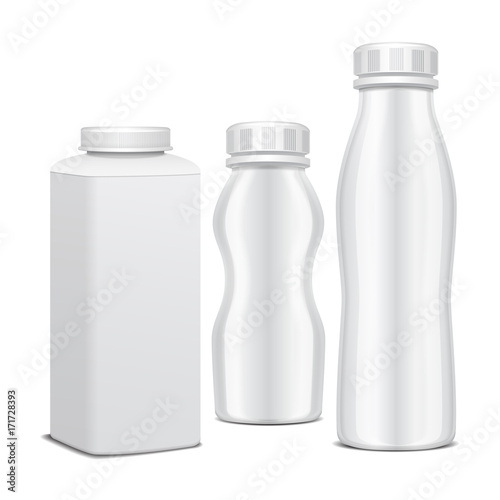 Set of plastic bottle with screw cap for dairy products. For milk, drink yogurt, cream, dessert. Vector realistic pack mockup template