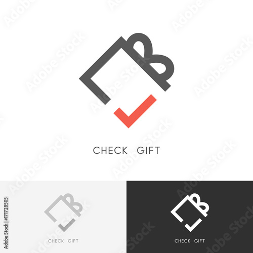 Check gift logo - present box with ribbon and red checkmark or tick symbol. Shopping and delivery vector icon.