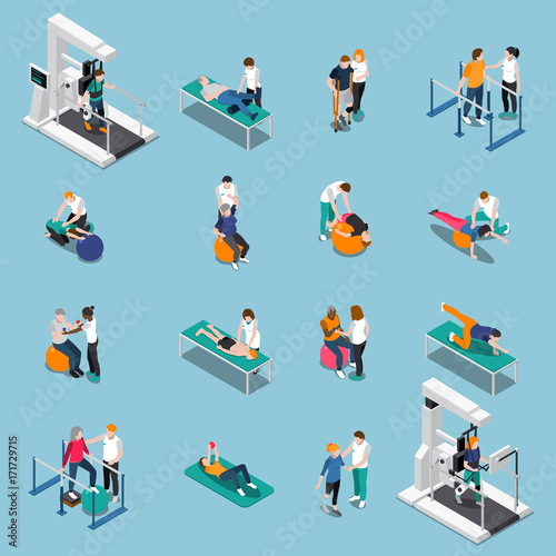 Physiotherapy Rehabilitation Isometric People Icon Set