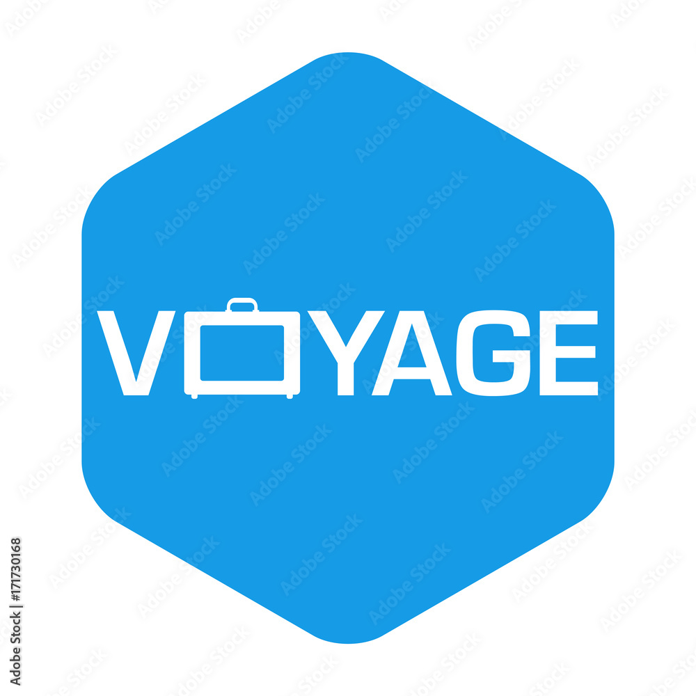 Icono plano VOYAGE con maleta en hexagono azul Icono plano VOYAGE con maleta en hexagono azul