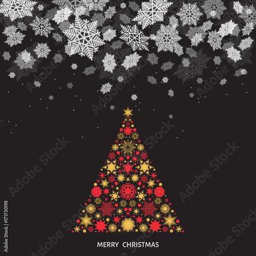  New Year winter  landscape with  Xmas tree and  snowfall.