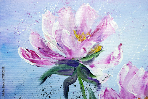 Hand painted modern style Pink peonies flowers. Spring flower seasonal nature background. Oil painting floral texture