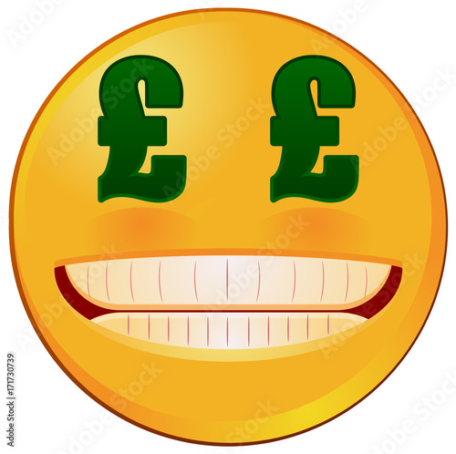 Grinning emoji with British sterling pound currency sign eyes