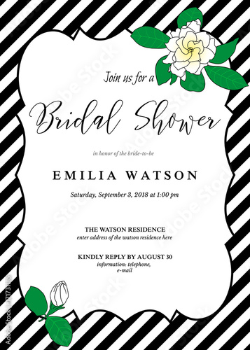 Bridal shower invitation card template with hand drawn gardenia flowers and diagonal black stripes. Trendy modern design for wedding