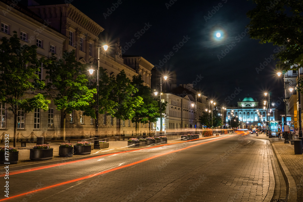 Krakowskie Przedmiescie street at night in Warsaw, Poland