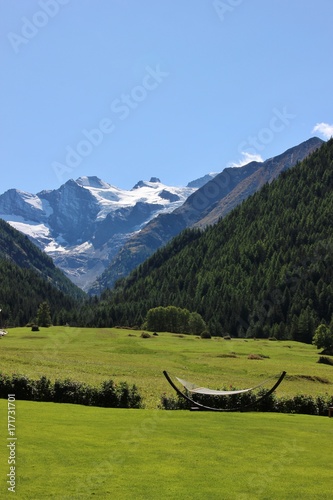 Hammock with a view. Sant'Orso meadows and Gran Paradiso peak, Cogne, Aosta Valley. Italy photo