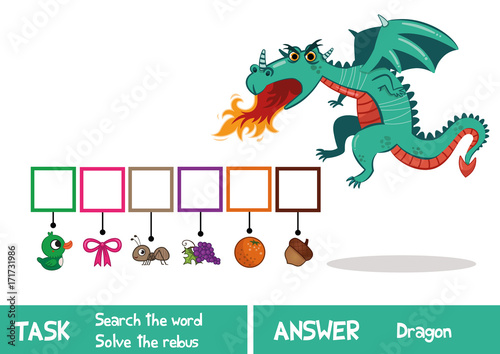 Educational puzzle game for kids. Find the hidden word Dragon. (Vector illustration)