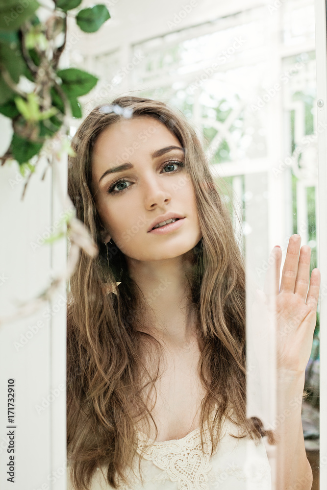 Beautiful Fashion Model Looking at Window. Cute Woman Waiting her Love Beautiful Fashion Model Looking at Window. Cute Woman Waiting her Love