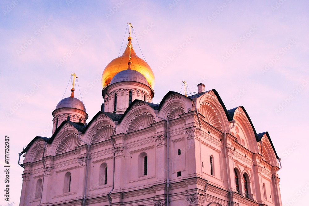 Archangels church of Moscow Kremlin. Blue sky background.