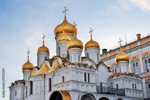 Annuncition church of Moscow Kremlin. Blue sky background.