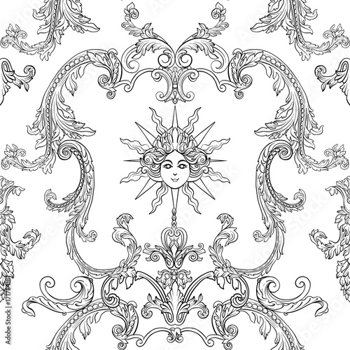 Seamless pattern with richly decorated rococo style floral decor