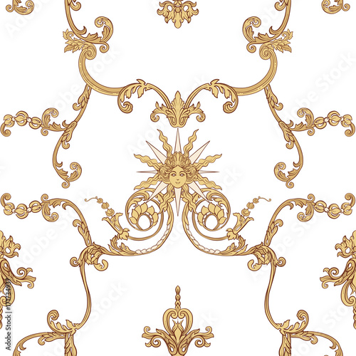 Seamless pattern with richly decorated rococo style floral decor