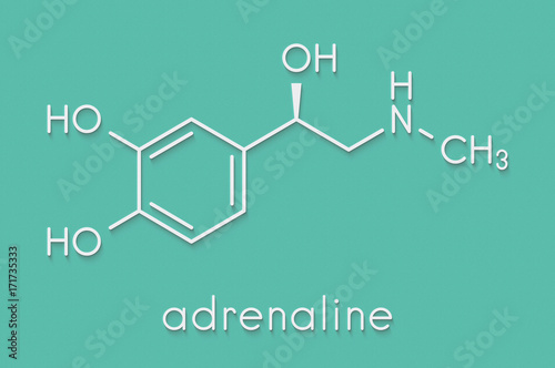 Adrenaline (adrenalin, epinephrine) neurotransmitter molecule. Used as drug in treatment of anaphylaxis Skeletal formula.