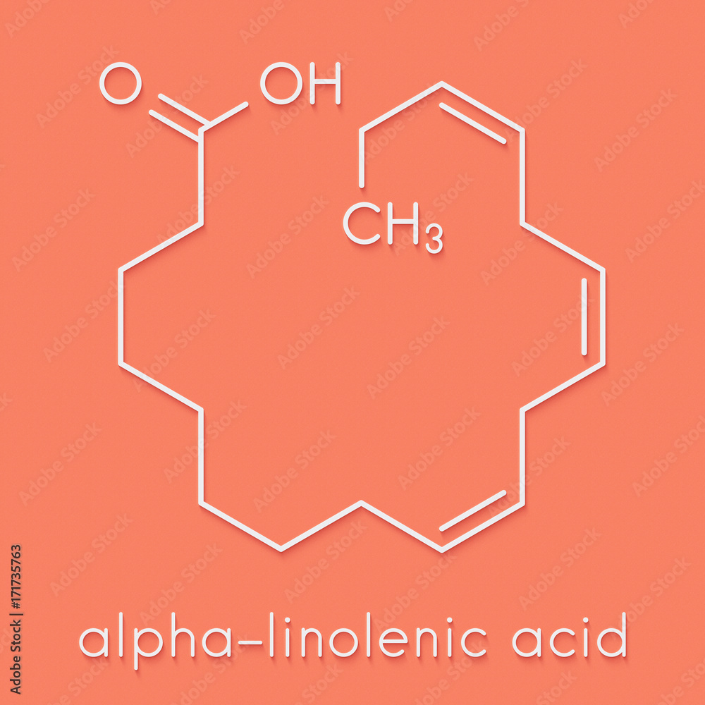 Alphalinolenic acid (ALA) molecule. Essential polyunsaturated omega3