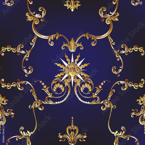 Seamless pattern with richly decorated rococo style floral decor