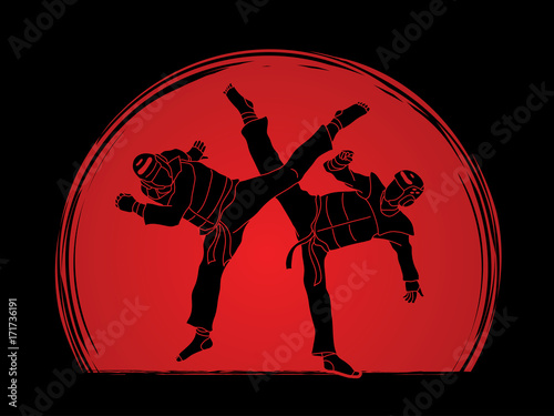 Taekwondo fighting designed on sunlight background graphic vector.