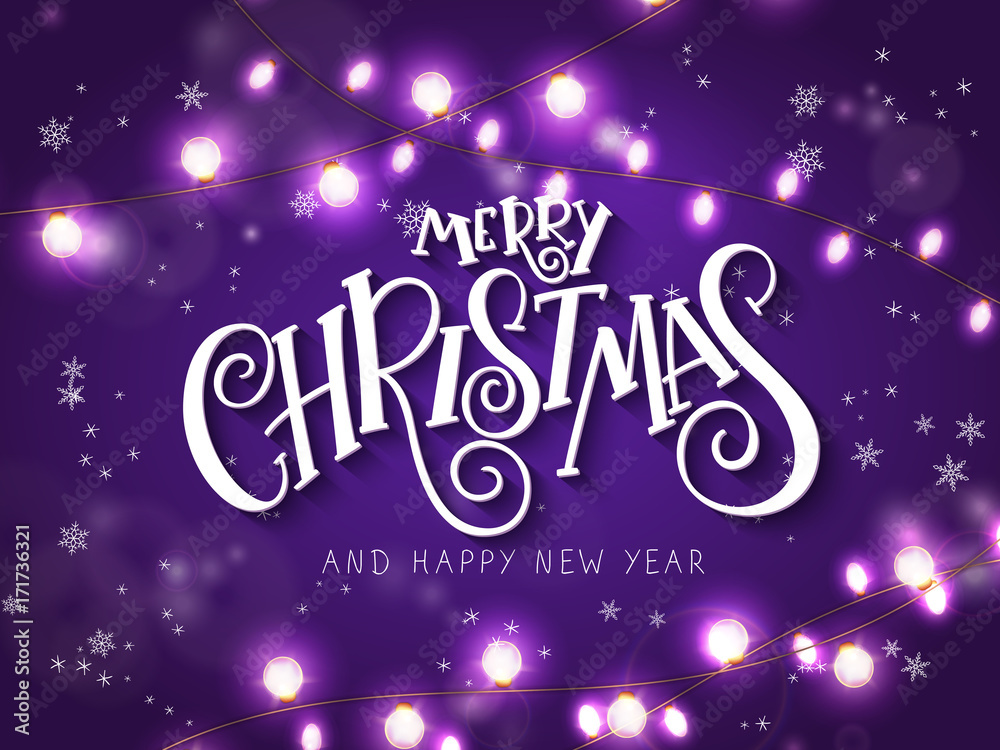 Vector illustration of christmas greeting card with hand lettering label - merry christmas - with garland lights and snowflakes Vector illustration of christmas greeting card with hand lettering label - merry christmas - with garland lights and snowflakes