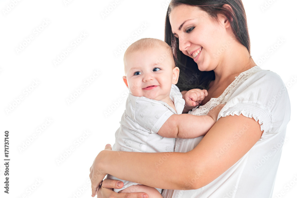Mother and baby playing and smiling. Happy family. White background Mother and baby playing and smiling. Happy family. White background