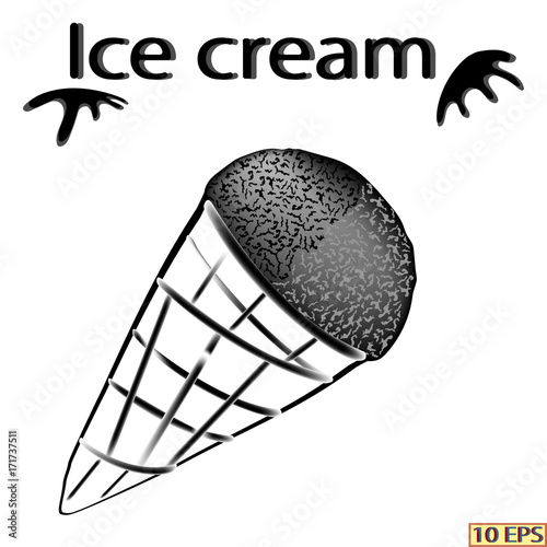 Ice cream cone. Black icon. The ice cream in chocolate with nuts. Ice caramel cream drizzled with chocolate. Chocolate ice cream. Fruit ice cream. Vector illustration.