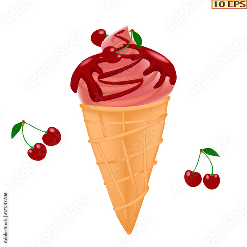 Cherry ice cream. Sundae drizzled with cherry sauce. Classic Ice cream cone. Ice cream in a waffle cone. The ice cream with berries. Cherry sundae in waffle cone. Vector illustration.