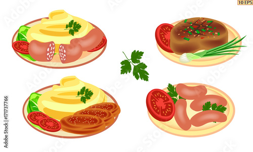 Meat products and potato. Sausage and potato. Steak with mashed potatoes. Cutlets. Meat chop and bread. Burger. Beef steak. Fried meat cutlets. Vector illustration.