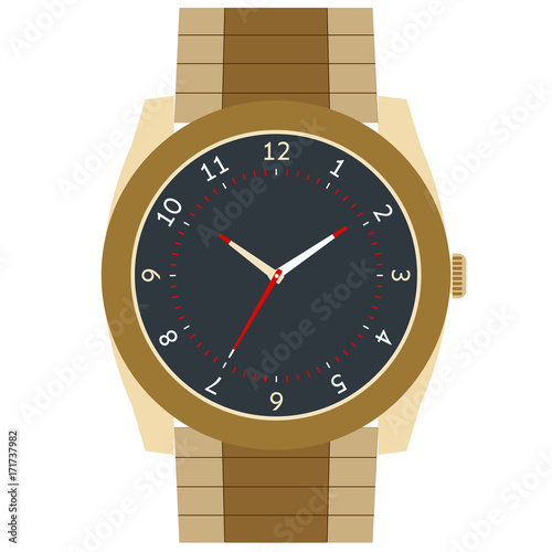 Classic design mechanical wristwatch isolated on white background. Clock face with hour, minute and second hands. Vector illustration.
