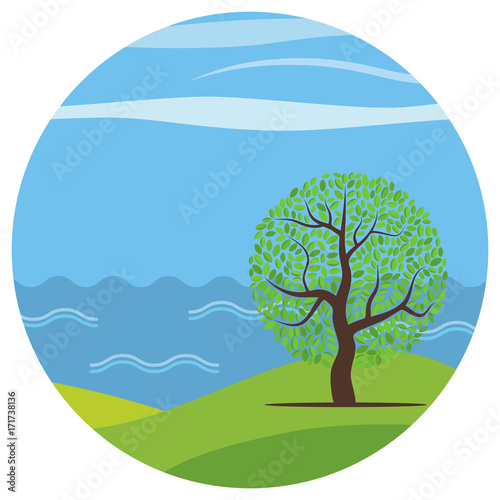 Vector cartoon landscape with the lonely tree against the see in circle. 
