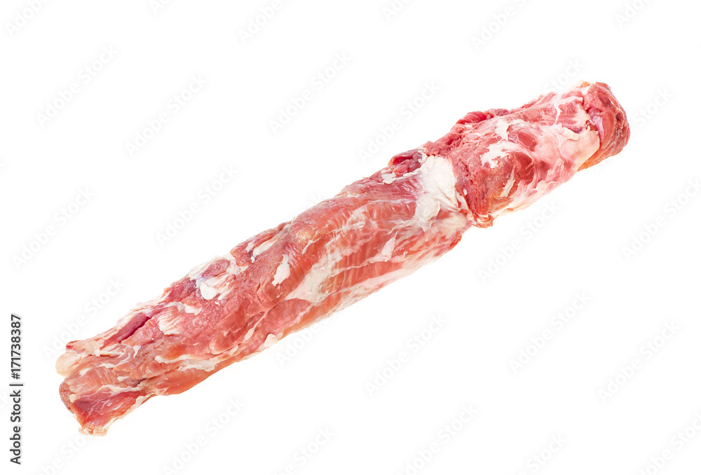 Raw juicy pork tenderloin with fat, isolated on white background