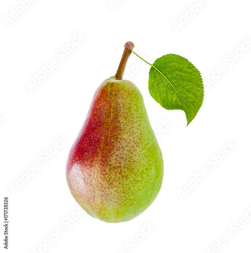 sweet green and red pear with leaf. Isolated on white.