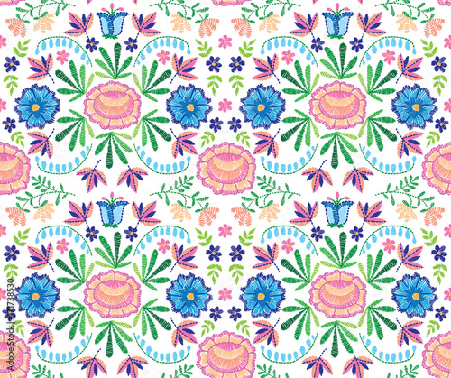 Vector seamless decorative floral embroidery pattern  ornament for textile decor. Ethnic handmade style background design.