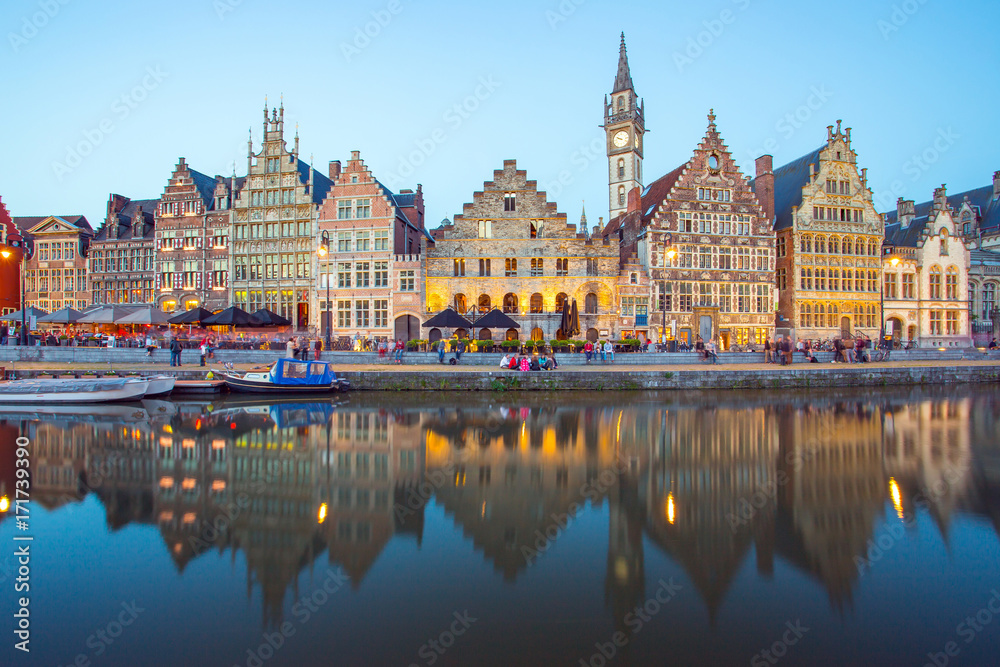 Ghent city with Leie river at night in Ghent, Belgium