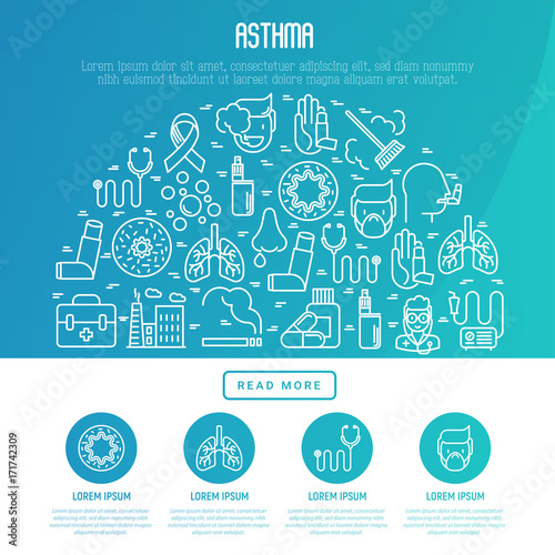 World asthma day concept with thin line icons: air pollution, smoking, respirator, therapist, inhaler, bronchi, allergy symptoms and allergens. Vector illustration for banner, web page, print media.