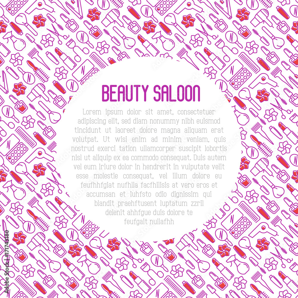 Beauty saloon concept with thin line icons of cosmetics, make up and beauty accessories. Vector illustration for banner, web page, print media with place for text. Beauty saloon concept with thin line icons of cosmetics, make up and beauty accessories. Vector illustration for banner, web page, print media with place for text.