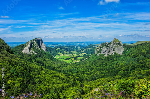 Famous Auvergne rocks: Tuiliere and Sanadoire. Volcans d'Auvergne regional natural park, Monts Dore Mountains, Auvergne, France.