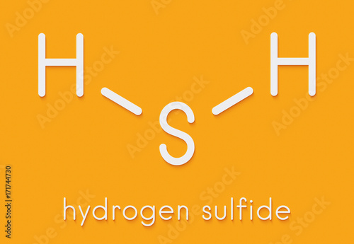 Hydrogen sulfide (H2S) molecule. Toxic gas with characteristic odor of rotten eggs. Skeletal formula. photo