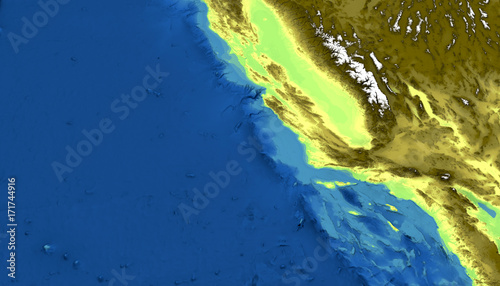 Cartina fisica della California, San Francisco, Los Angeles, montagne, Oceano Pacifico e colline, rilievi montuosi e faglia di Sant’Andrea. Nevada. 3d rendering photo