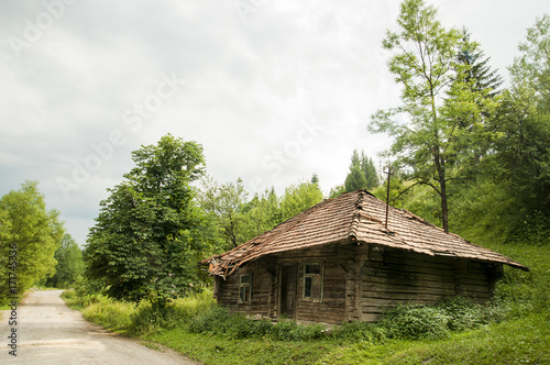 deserted wooden hut with collapsed roof by road and trees
