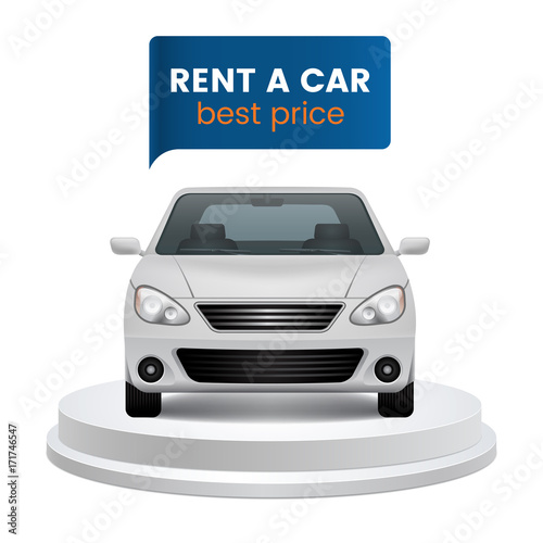 Rent a car concept. White car on round podium with speech bubble for text. Isolated on white background. Design element. Vector eps 10.