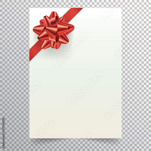 Blank paper sheet with red ribbon and conical bow. White blank a4 page isolated on transparent background. Applicable for christmass or birthday invitation design and greeting card. Vector eps 10.