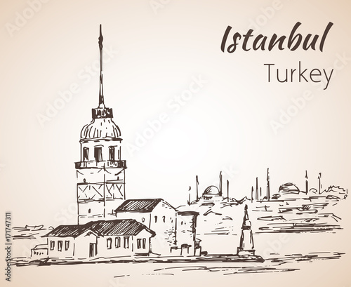 Istanbul Maiden's Tower and Bosphorus Bridge. Turkey. Sketch. I