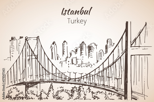 Istanbul Bosphorus Bridge sketch. Turkey.