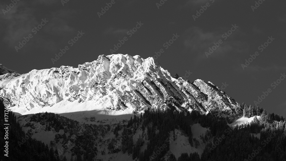 Unknown mountain peak in Austrian alps, black and white