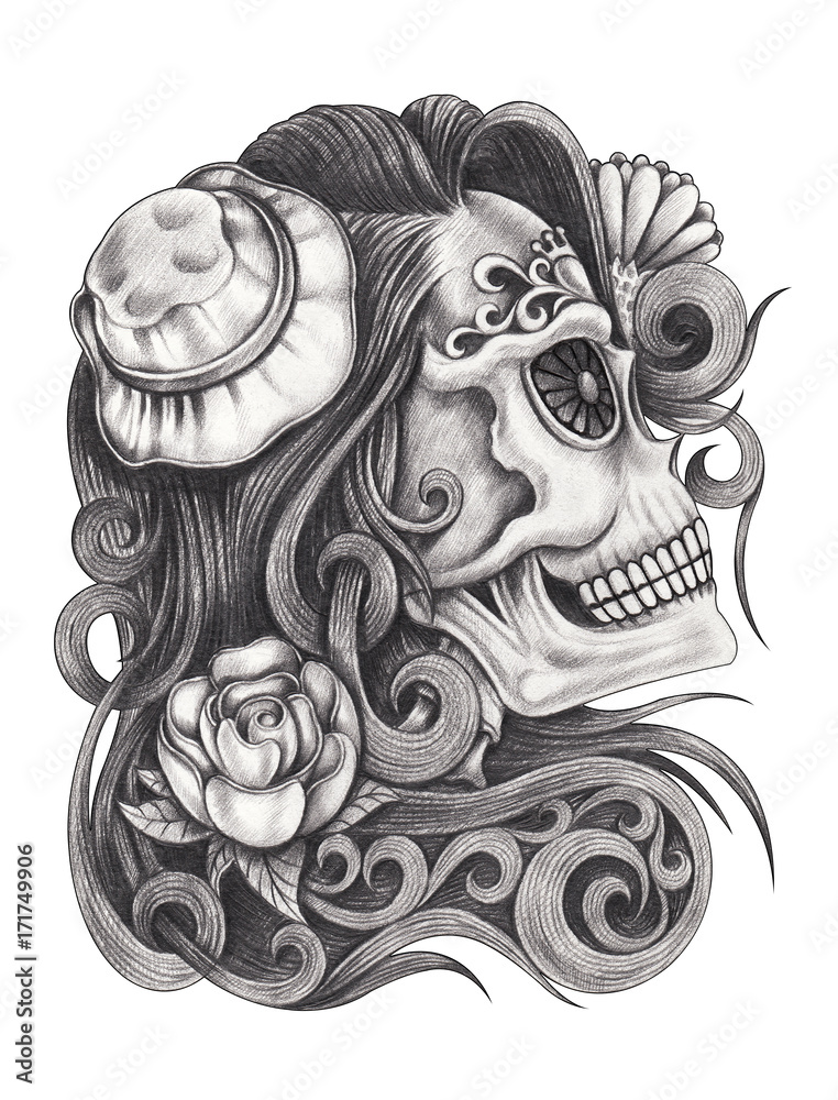 Fototapeta Art design women skull day of the dead.Hand pencil on paper.