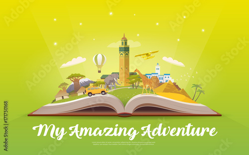 Travel to Africa. Open book with landmarks.