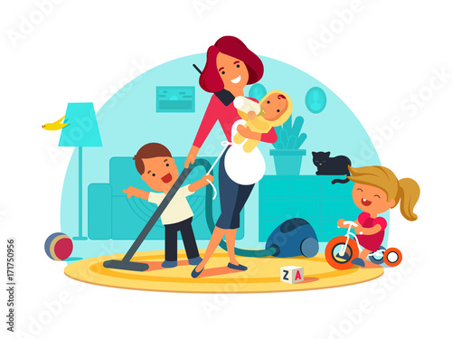 Busy mother feeds child