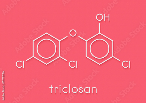 Triclosan antimicrobial molecule. Used in hand soaps, hospital scrubs, deodorants, mouth wash, etc. Skeletal formula. photo