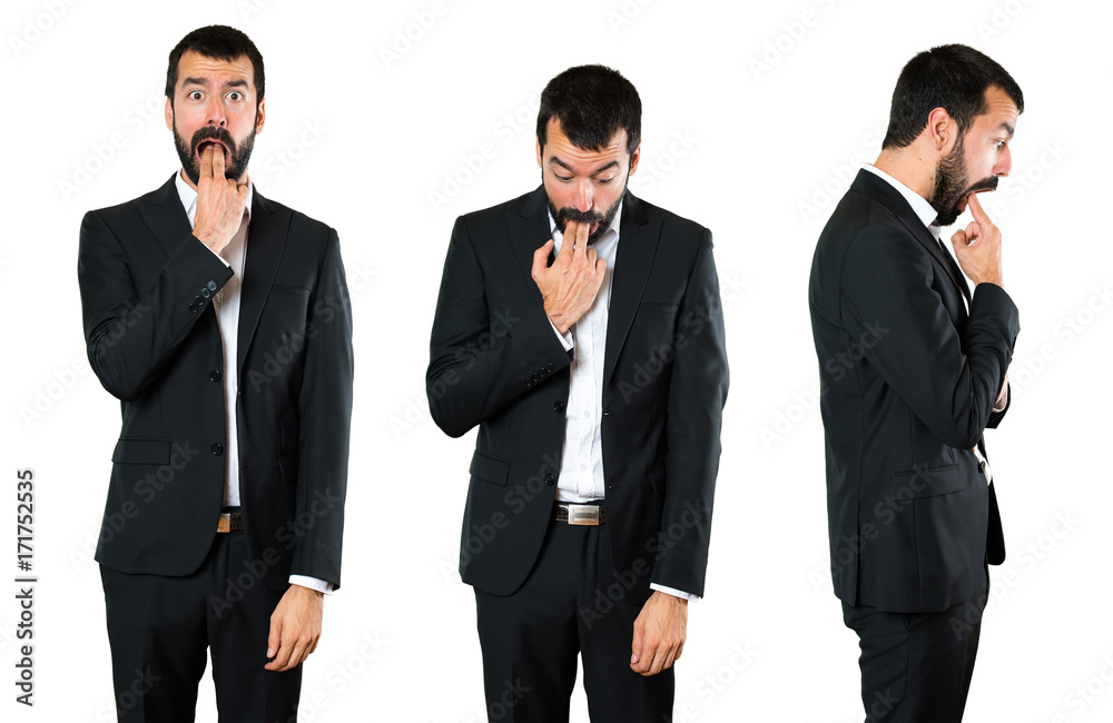 Set of Handsome businessman making vomiting gesture Set of Handsome businessman making vomiting gesture