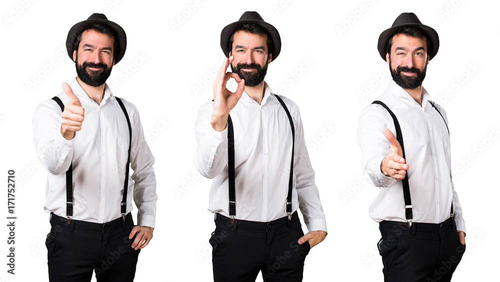 Hipster man with beard making OK sign and making a deal Hipster man with beard making OK sign and making a deal