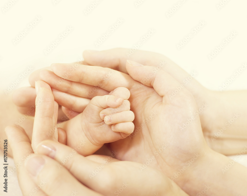Newborn Baby Hand in Family Hands, Parents Hold Protect New Born Kid