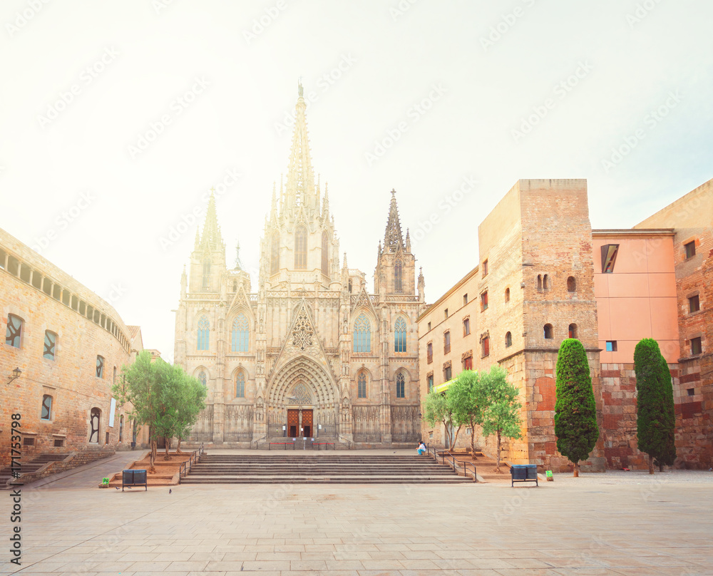 Square with cathedral church with sunlight in Gotic quarter of Barcelona, Spain
